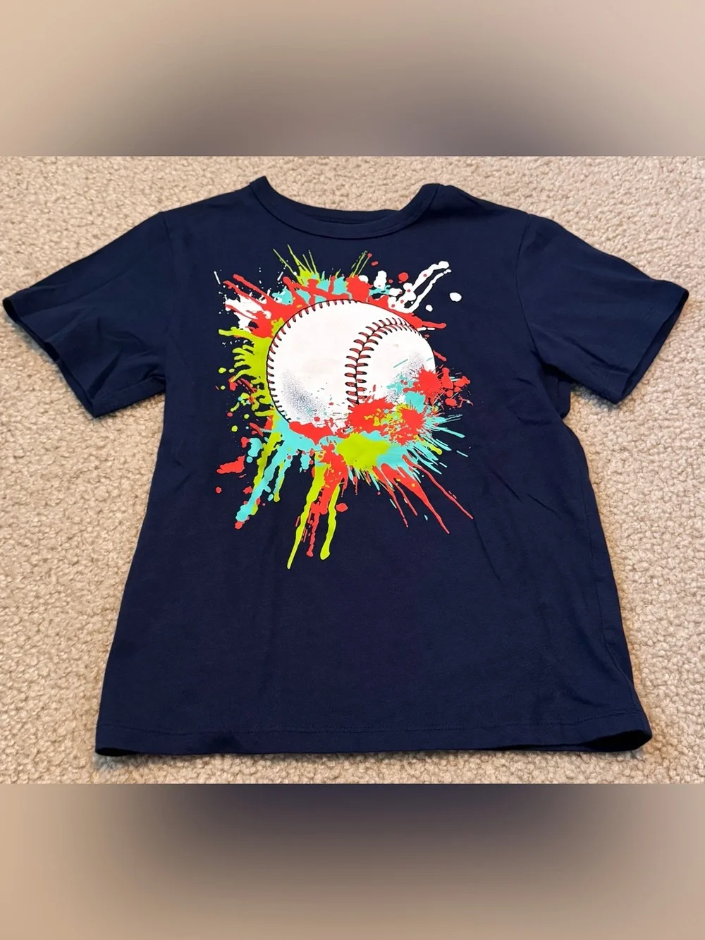 The Children's Place Navy Blue Baseball Splash Tee with Neon Graphic Size S 5/6